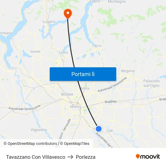 Tavazzano Con Villavesco to Porlezza map