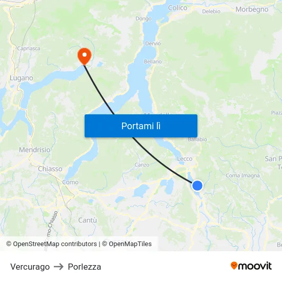 Vercurago to Porlezza map