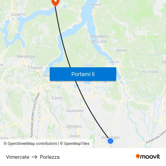 Vimercate to Porlezza map