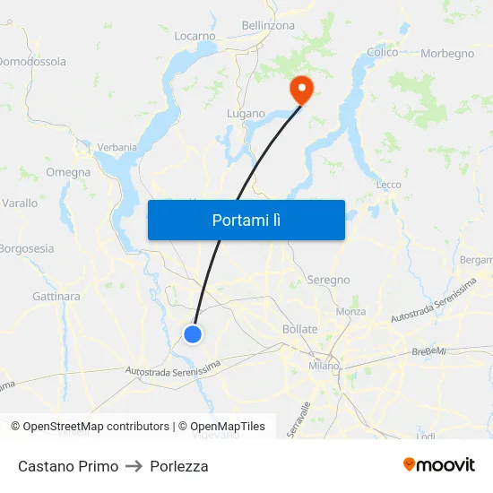 Castano Primo to Porlezza map