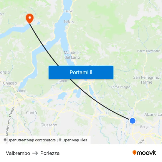 Valbrembo to Porlezza map
