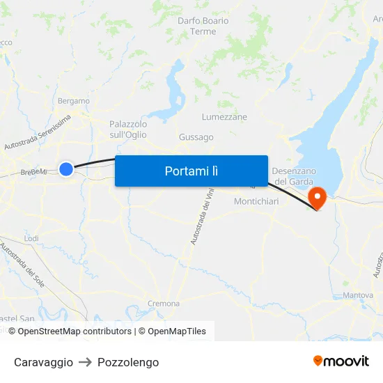 Caravaggio to Pozzolengo map