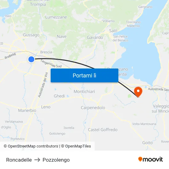Roncadelle to Pozzolengo map