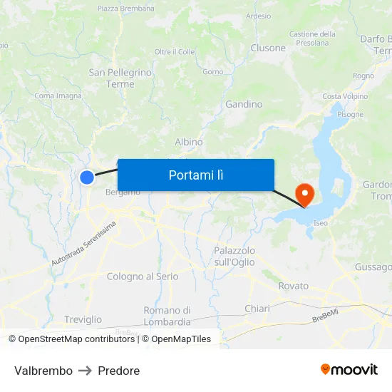 Valbrembo to Predore map