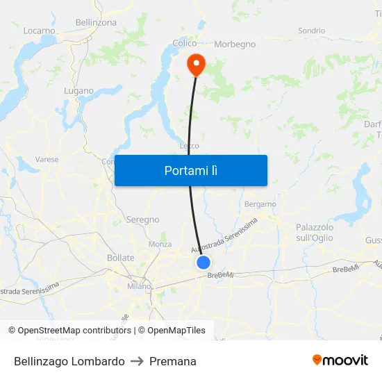 Bellinzago Lombardo to Premana map