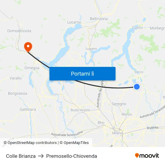 Colle Brianza to Premosello-Chiovenda map