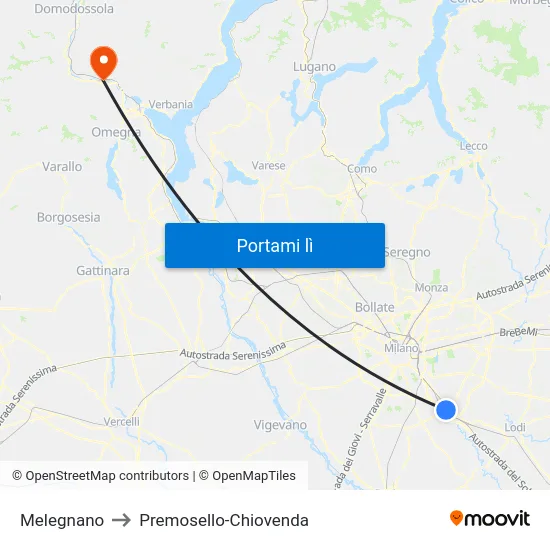 Melegnano to Premosello-Chiovenda map