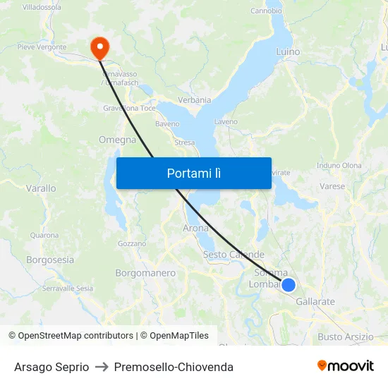 Arsago Seprio to Premosello-Chiovenda map
