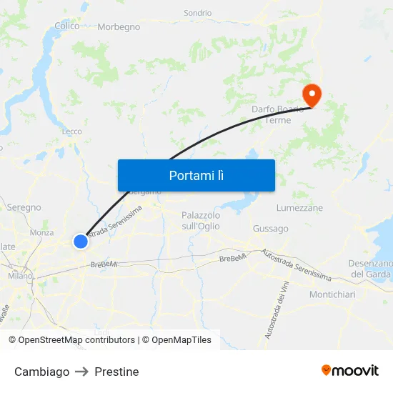 Cambiago to Prestine map