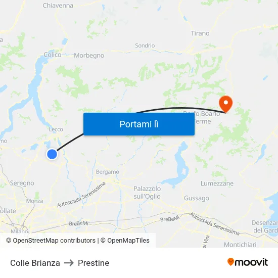 Colle Brianza to Prestine map