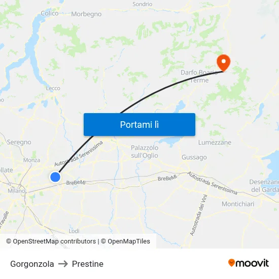 Gorgonzola to Prestine map