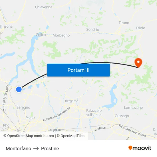 Montorfano to Prestine map