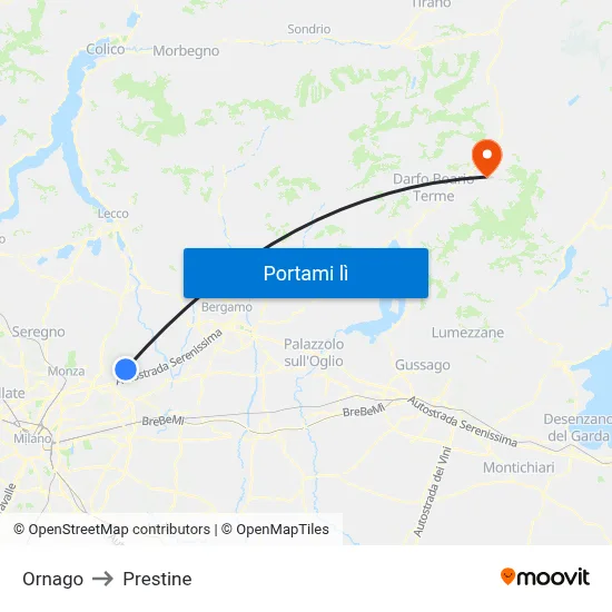 Ornago to Prestine map