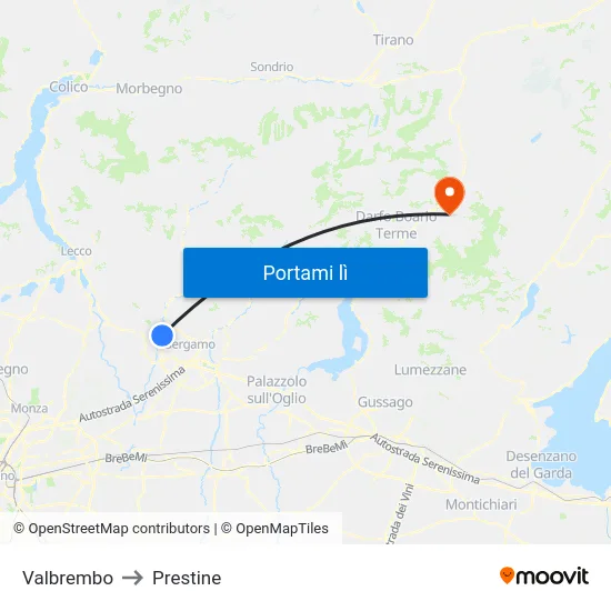Valbrembo to Prestine map