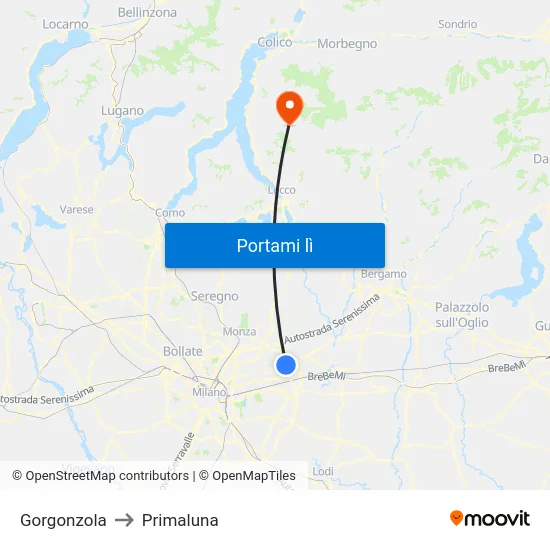 Gorgonzola to Primaluna map