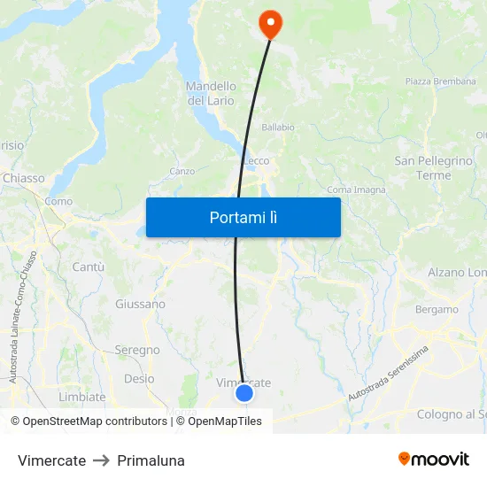 Vimercate to Primaluna map