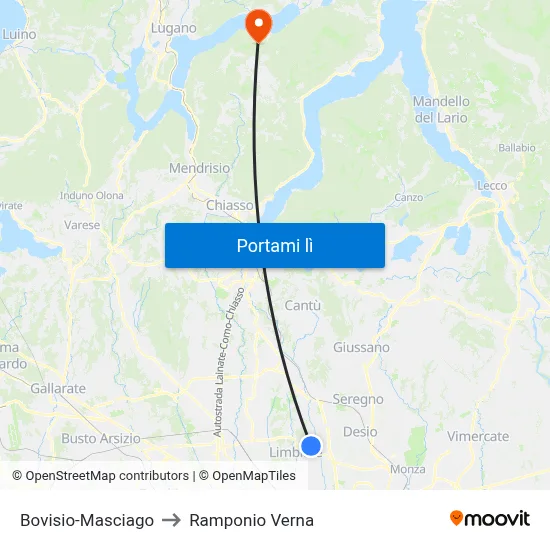 Bovisio-Masciago to Ramponio Verna map