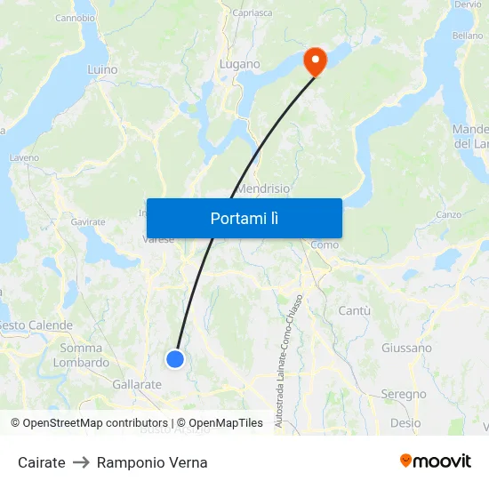Cairate to Ramponio Verna map