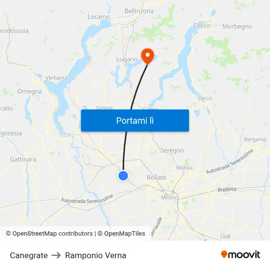 Canegrate to Ramponio Verna map