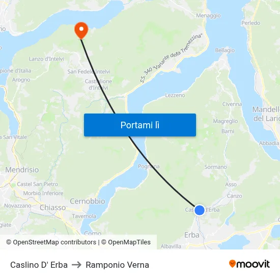 Caslino D' Erba to Ramponio Verna map