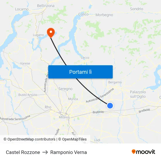 Castel Rozzone to Ramponio Verna map