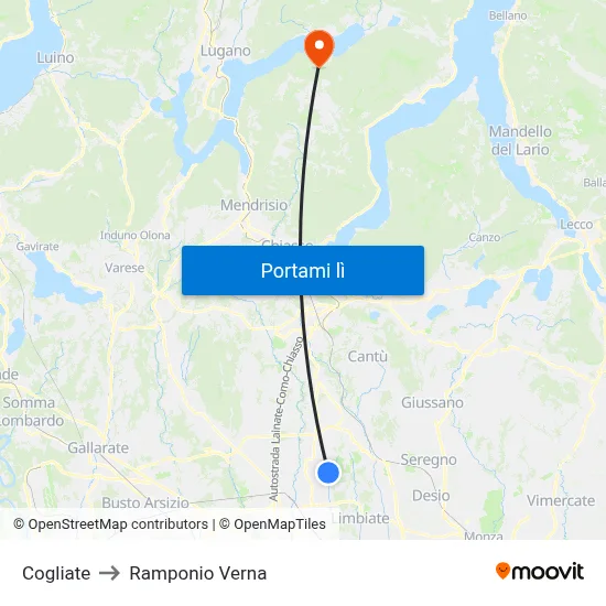Cogliate to Ramponio Verna map