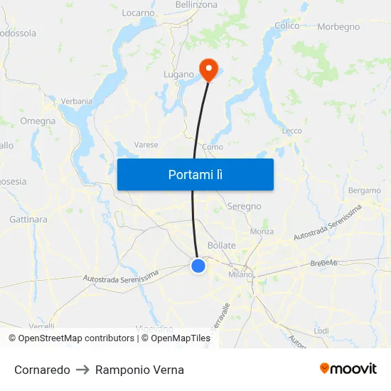 Cornaredo to Ramponio Verna map