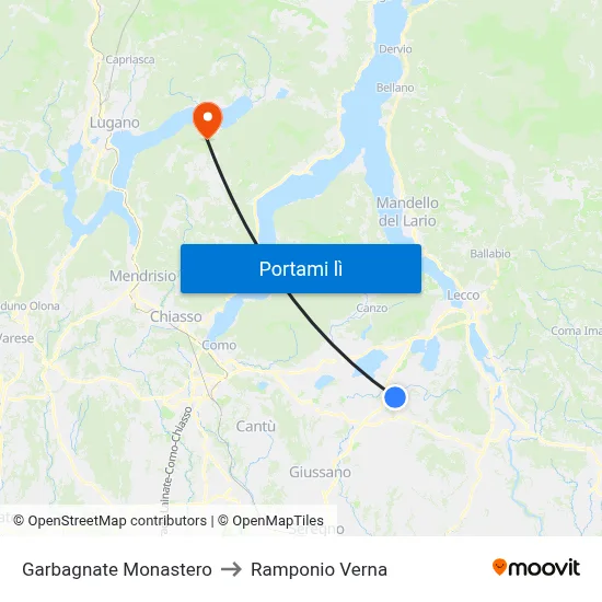 Garbagnate Monastero to Ramponio Verna map