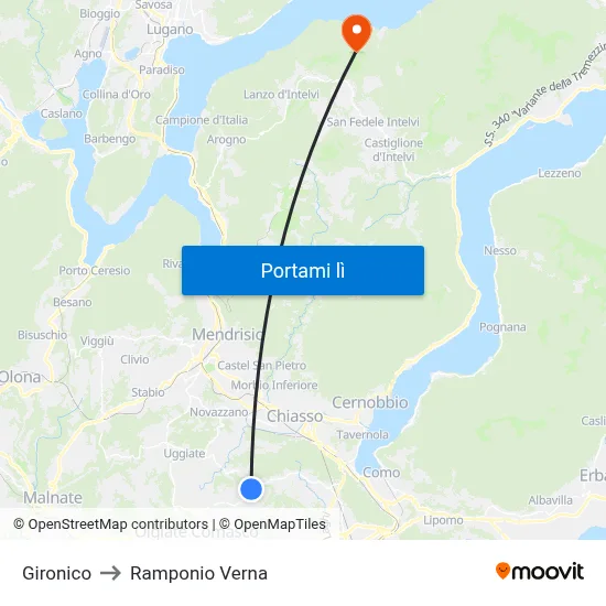Gironico to Ramponio Verna map