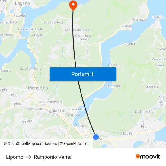 Lipomo to Ramponio Verna map