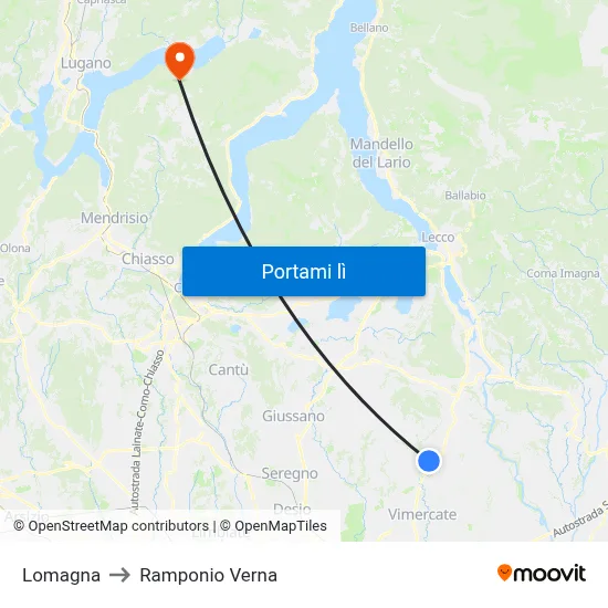 Lomagna to Ramponio Verna map