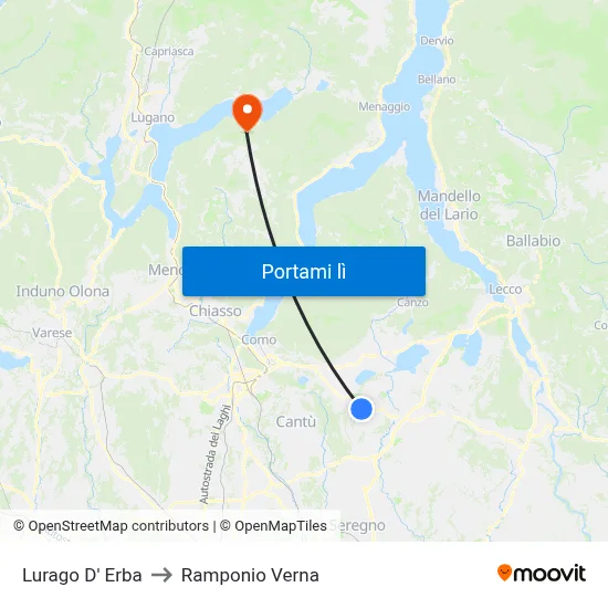 Lurago D' Erba to Ramponio Verna map