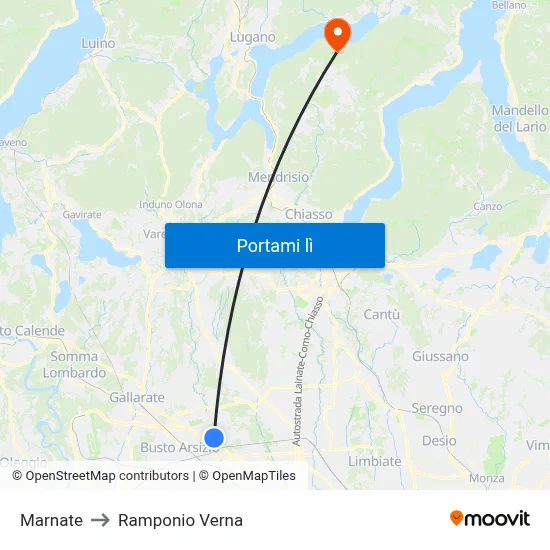 Marnate to Ramponio Verna map