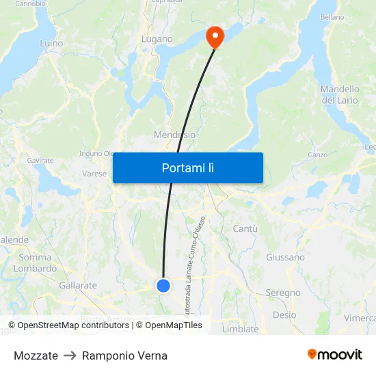 Mozzate to Ramponio Verna map