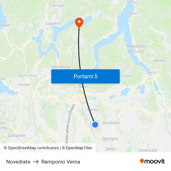 Novedrate to Ramponio Verna map