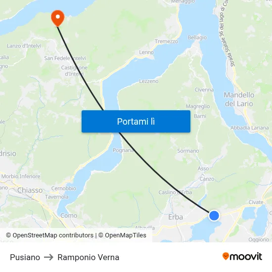 Pusiano to Ramponio Verna map
