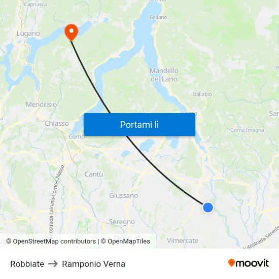 Robbiate to Ramponio Verna map