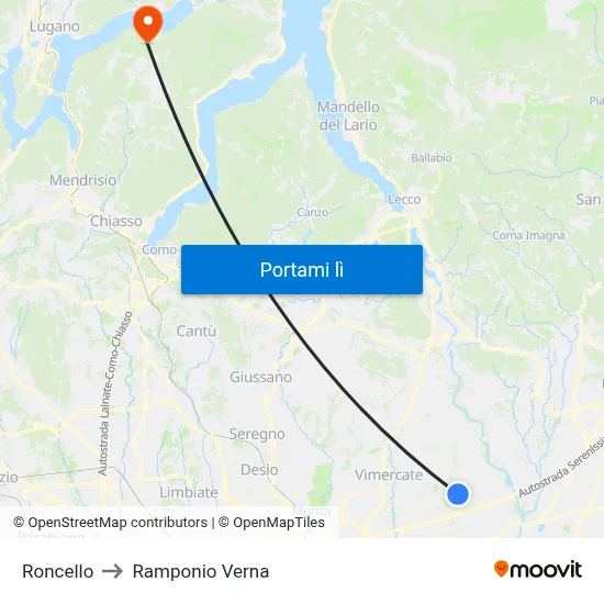 Roncello to Ramponio Verna map
