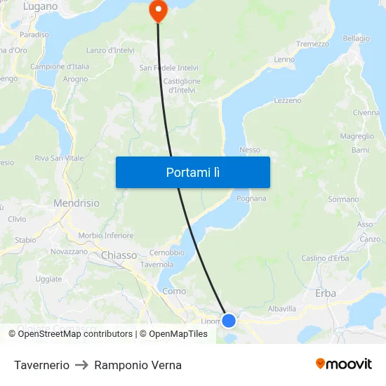 Tavernerio to Ramponio Verna map