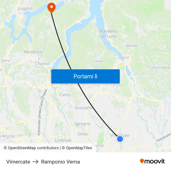 Vimercate to Ramponio Verna map