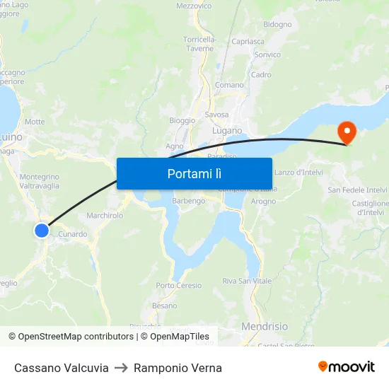 Cassano Valcuvia to Ramponio Verna map