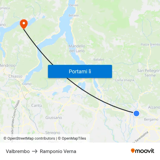 Valbrembo to Ramponio Verna map