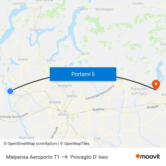 Malpensa Aeroporto T1 to Provaglio D' Iseo map