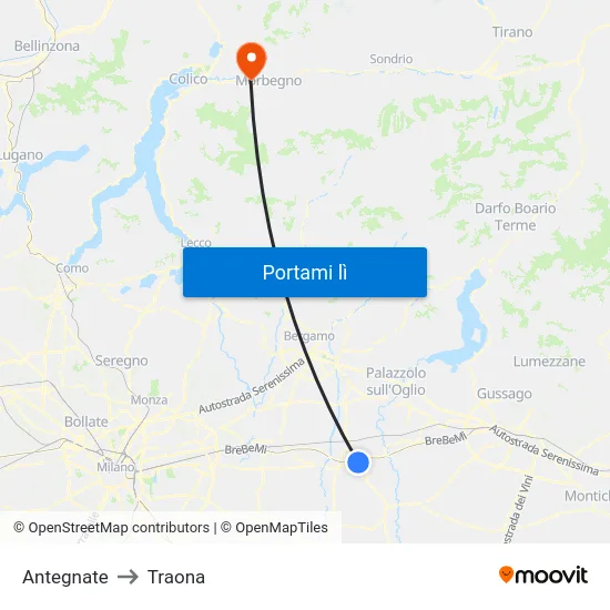 Antegnate to Traona map