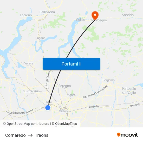 Cornaredo to Traona map