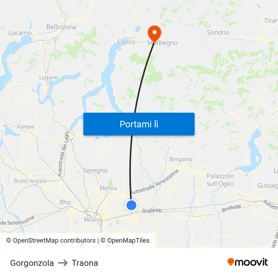 Gorgonzola to Traona map
