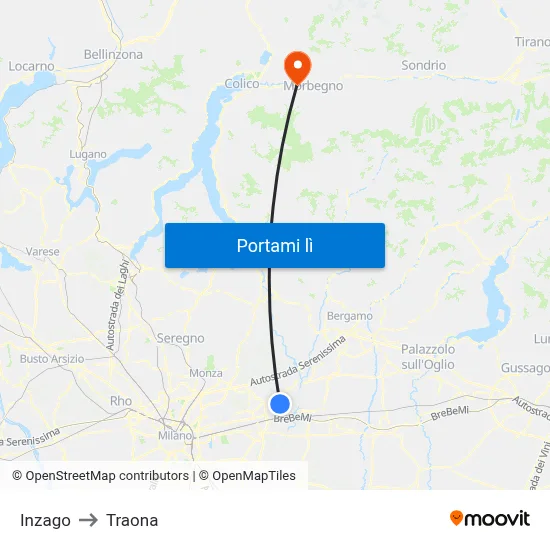 Inzago to Traona map