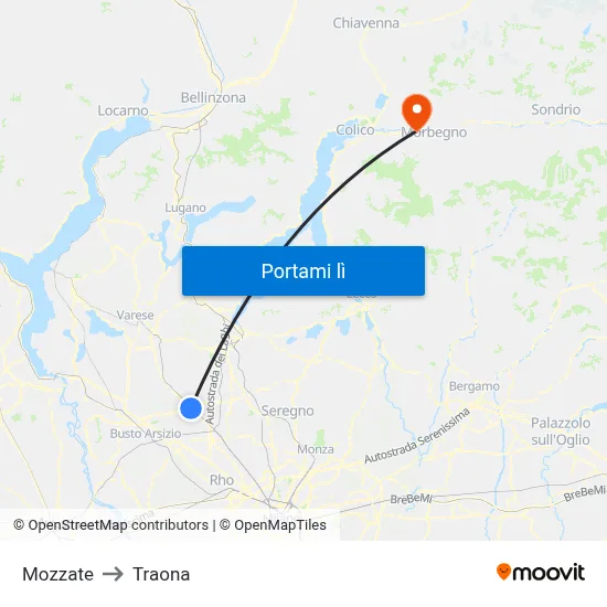 Mozzate to Traona map