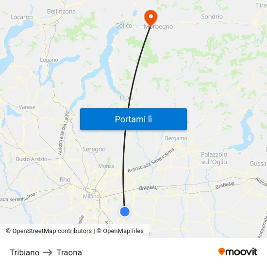 Tribiano to Traona map