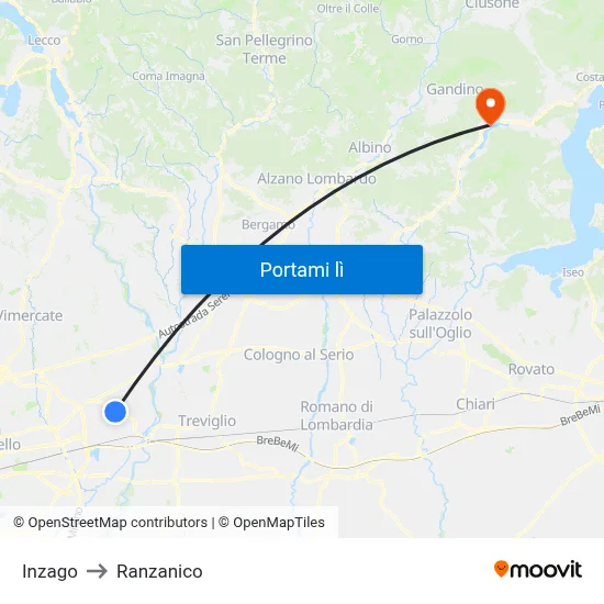 Inzago to Ranzanico map